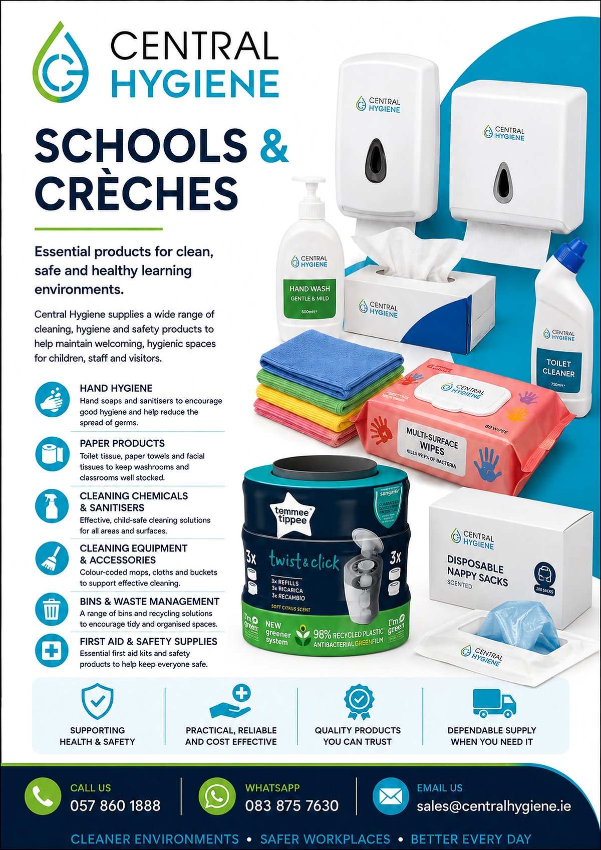 Central Hygiene Schools and Crèches product display featuring hand sanitizers, paper products, hygiene supplies, and waste management solutions for educational environments