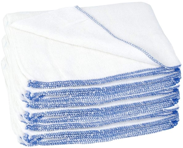 Stack of white dish towels with blue woven borders and trim