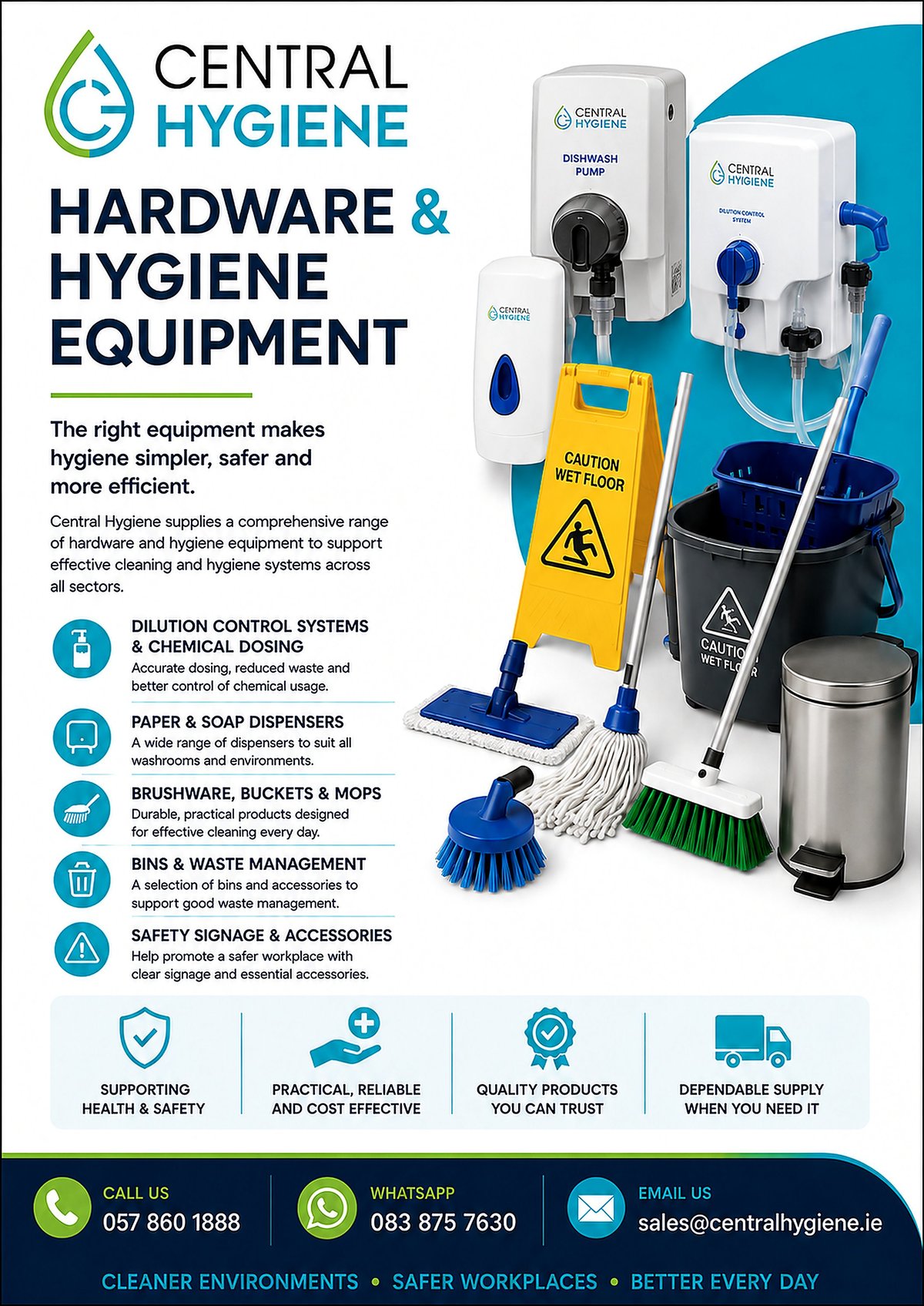 Central Hygiene hardware and hygiene equipment display featuring hygiene supplies, soap dispensers, mops, and safety signage products