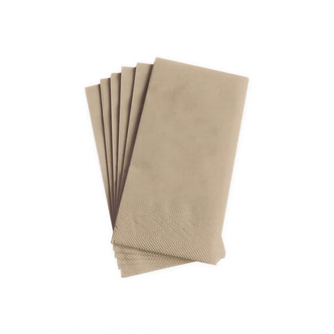 Stack of beige paper napkins fanned out on white background