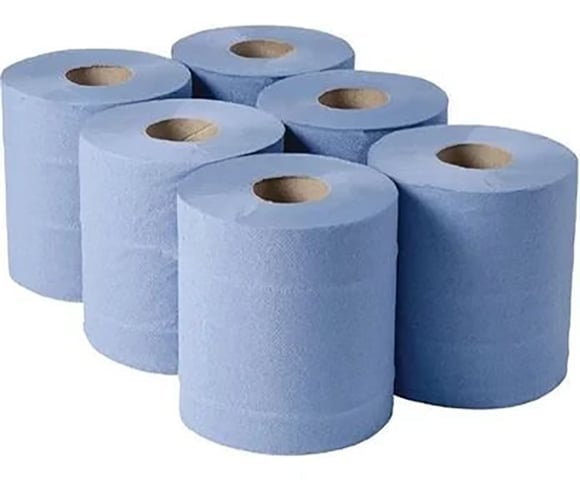 Six blue paper towel rolls arranged in two rows against a white background