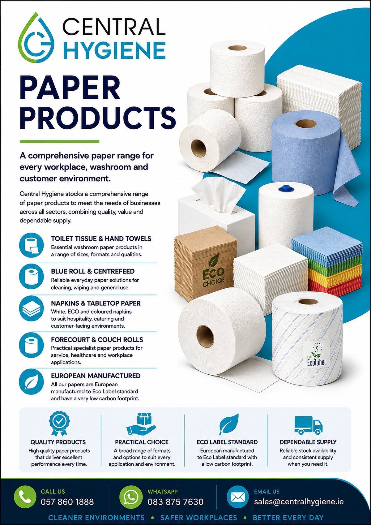 Central Hygiene paper products promotional flyer showcasing toilet tissue, hand towels, blue rolls, and hygiene supplies with company logo and contact information