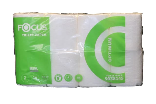 Package of Focus brand toilet paper with green and white labeling showing multiple rolls